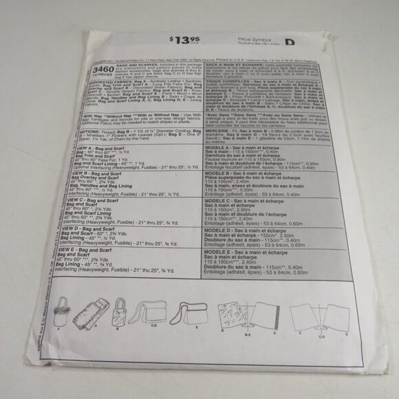 McCalls 3460 Sewing Pattern Fashion Accessories 5 styles Purses, Scarves, Bags - Picture 10 of 10